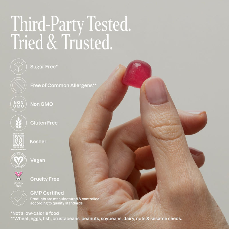 Hand holding a pink gummy with certification icons and text on a gray background