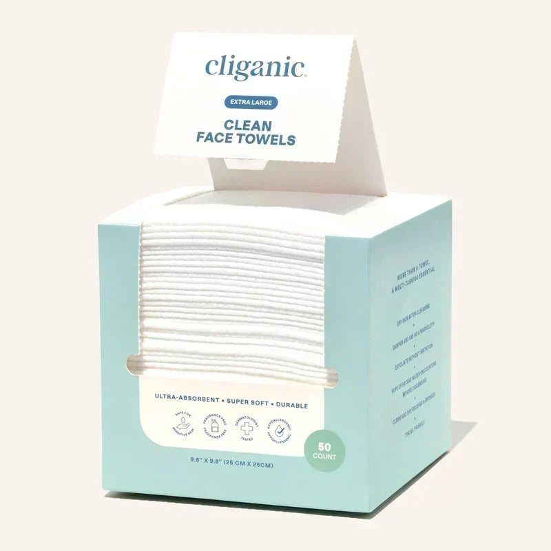 Cliganic Clean Face Towels in a dispenser box, featuring ultra-absorbent, extra-large disposable towels for skincare routines.