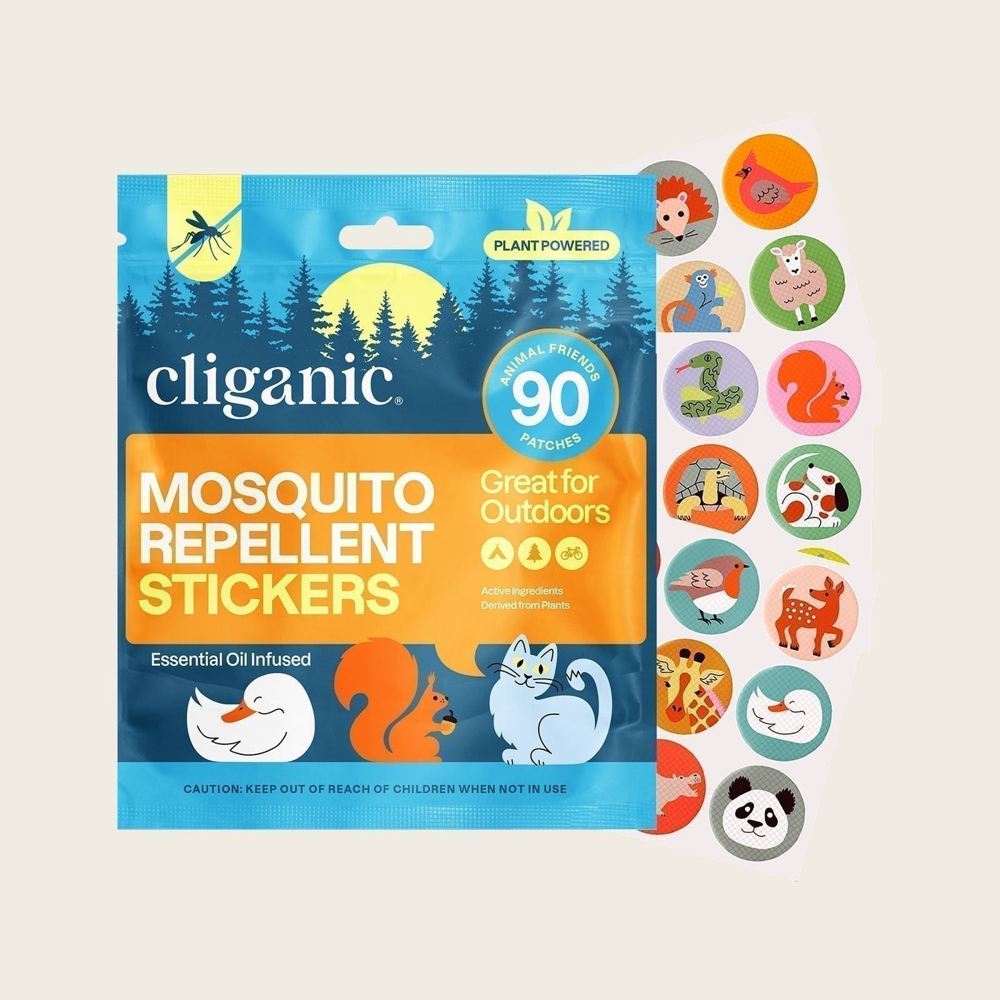 Cliganic mosquito repellent patches featuring colorful animal designs displayed for family-friendly outdoor protection.