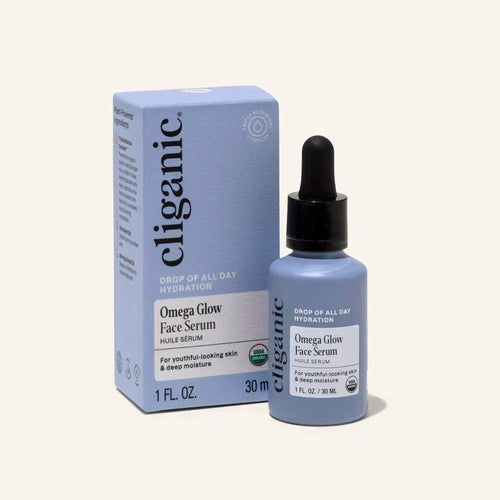 Cliganic Organic Omega Glow Face Serum displayed beside its product box, highlighting the lightweight facial serum packaging.