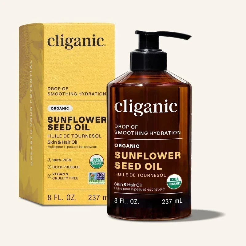 Cliganic organic sunflower seed oil bottle and packaging for skin and hair hydration.