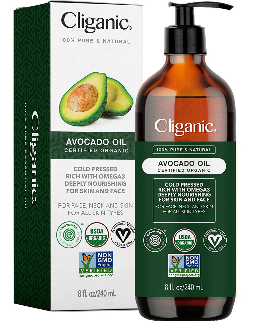 Cliganic Organic Avocado Oil, 100% Pure (8oz) for Skin & Hair, Nourishing Carrier Oil for Face & Body