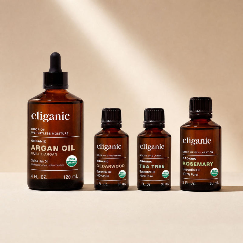 Cliganic Mane Character Energy Hair Care Bundle featuring shampoo, conditioner, hair serum, and scalp treatment.