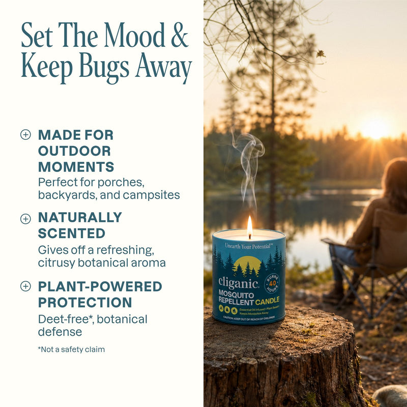 Buzz-Off mosquito repellent products shown beside a lake with natural outdoor mosquito protection messaging