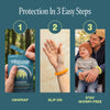 Buzz-Off mosquito repellent three-step protection guide showing apply, protect, and stay protected