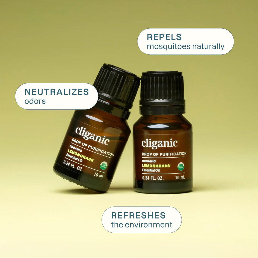 Bottle of organic lemongrass essential oil with ingredient callouts on a soft green background.