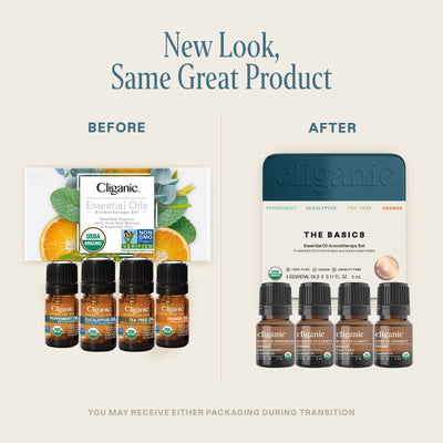 Comparison of Cliganic essential oils packaging before and after redesign on a white background.