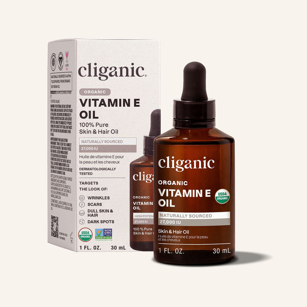 Cliganic Organic Vitamin E Oil with dropper bottle and packaging