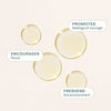 Minimal layout of oil droplets with labels emphasizing purity, freshness, and natural sourcing.