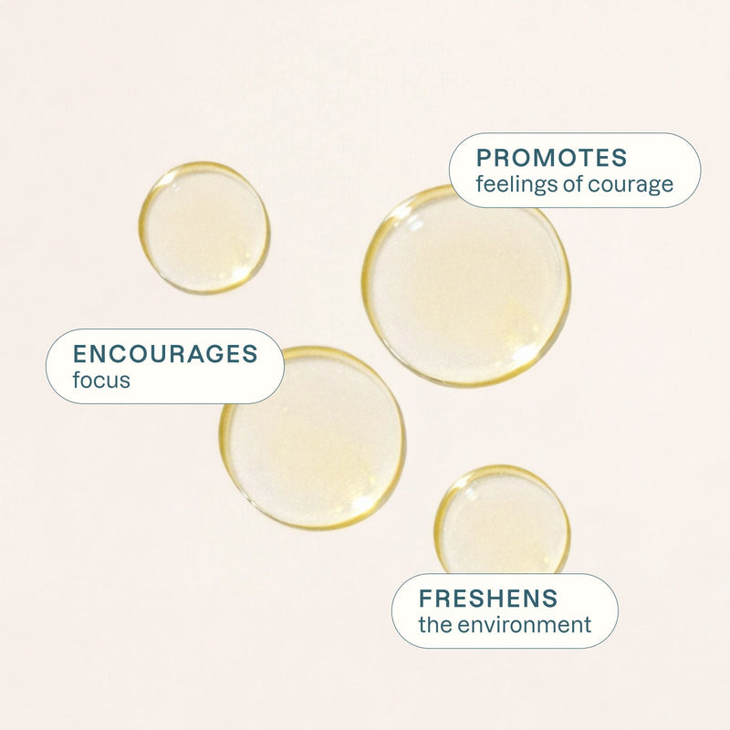 Minimal layout of oil droplets with labels emphasizing purity, freshness, and natural sourcing.