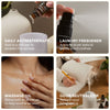 Four-panel collage showing oil application, massage, aromatherapy, and skincare use.
