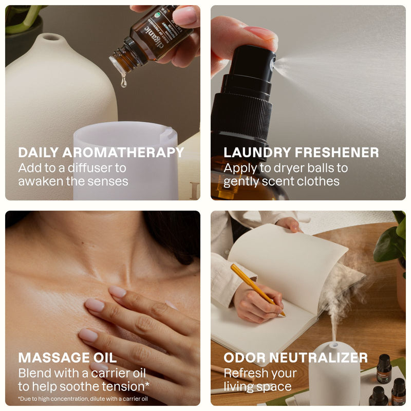 Four-panel collage showing oil application, massage, aromatherapy, and skincare use.