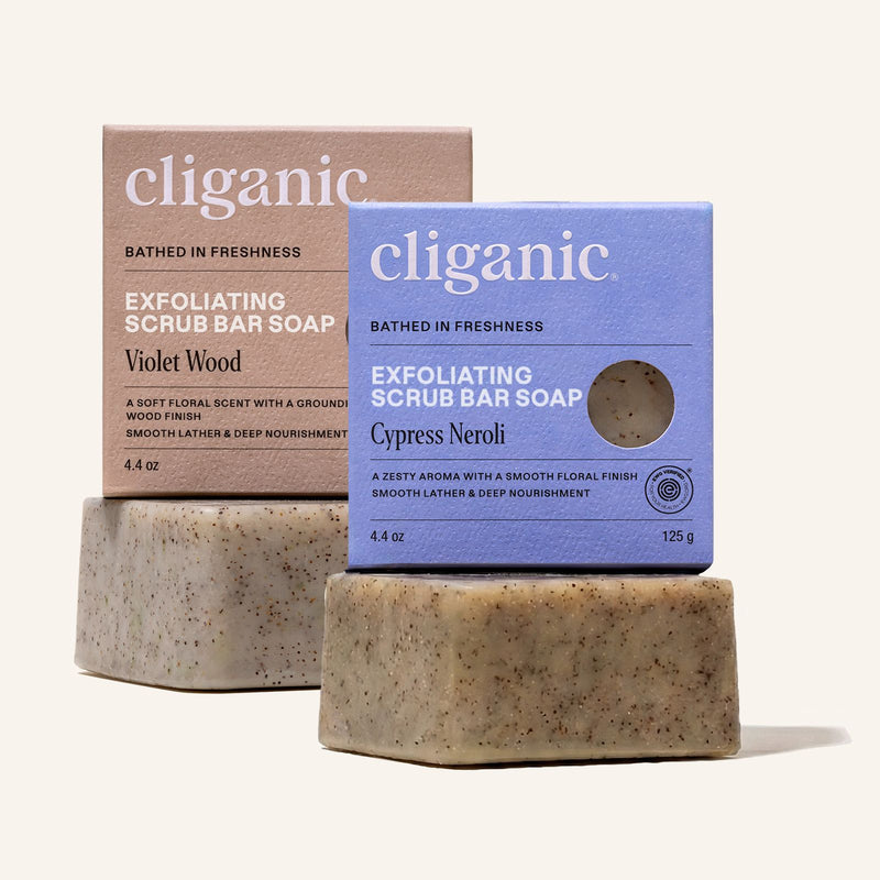 Exfoliating Scrub Bar Soap Duo - Violet Wood & Cypress Neroli - Cliganic Beauty bathed in freshness