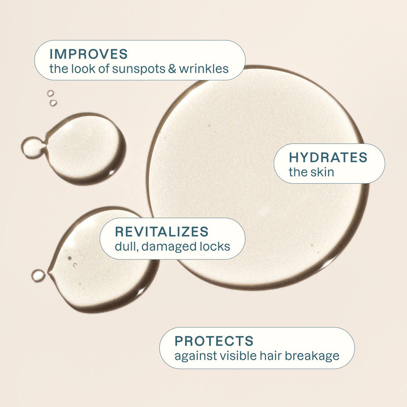 Skincare argan oil product droplets with text on a beige background