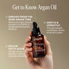 Hand holding a bottle of Cliganic Argan Oil with text about argan oil on a beige background