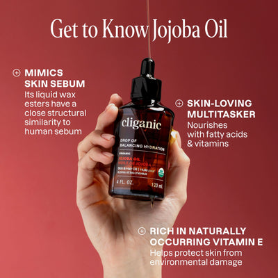 Hand holding a bottle of cliganic jojoba oil with text about jojoba oil on a red background