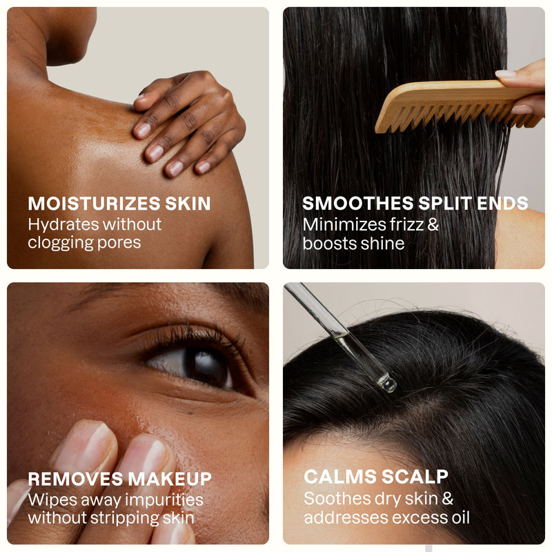 Product features for skin care and hair care with text describing benefits.