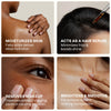Collage of a woman applying a skincare product with text describing its benefits.