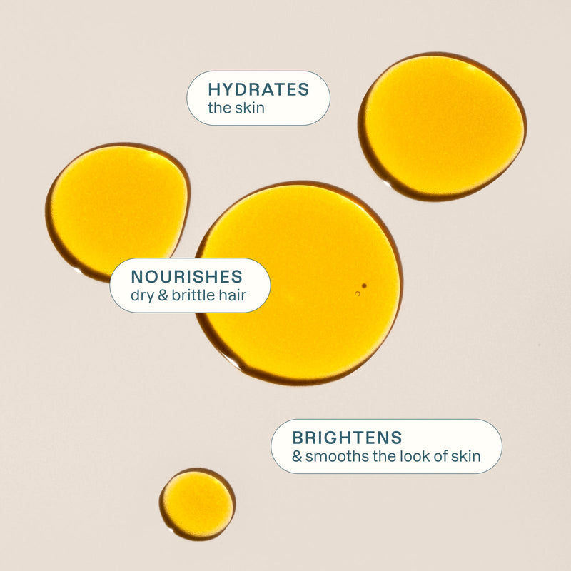Yellow oil circles with text on a beige background