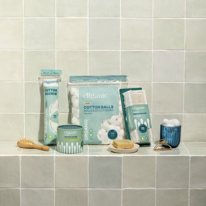 Cliganic organic cotton beauty essentials collection including cotton rounds, balls, and swabs for eco-friendly skincare.