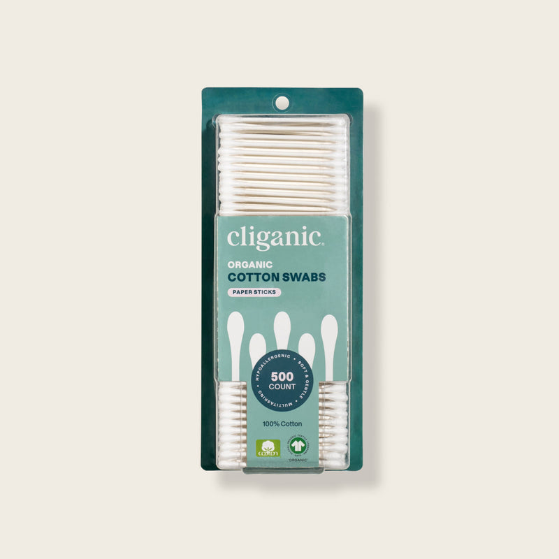 Pack of cliganic organic cotton swabs on a beige background