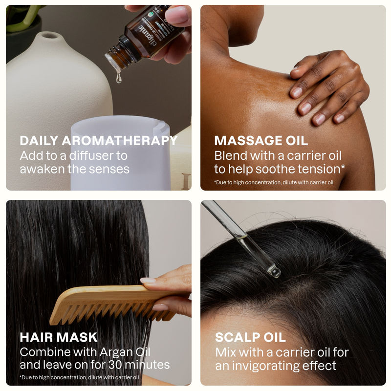 Organic RO Rosemary Oil usage carousel showing scalp massage and hair care application