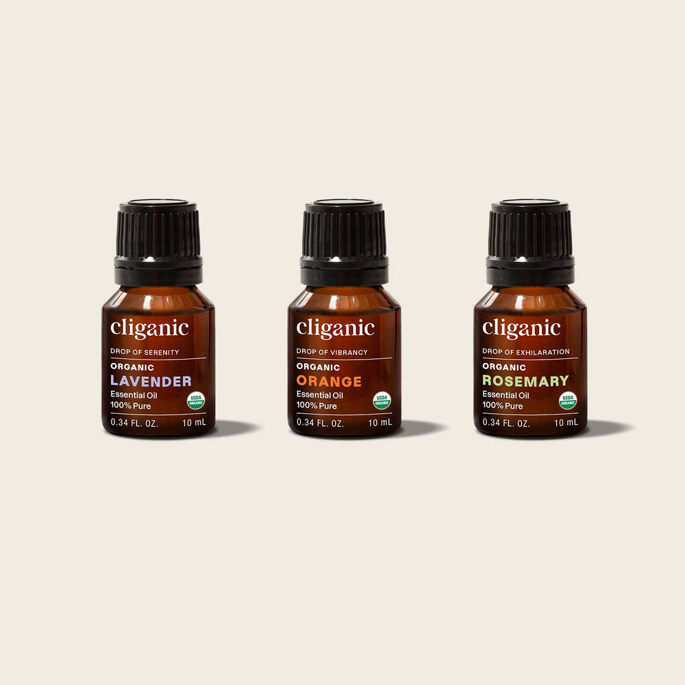 Cliganic Beginner's Essential Oil Kit featuring three pure essential oils for aromatherapy and everyday wellness.