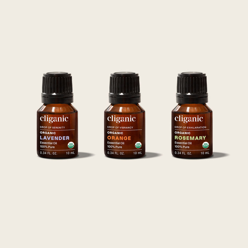 Cliganic Beginner's Essential Oil Kit featuring three pure essential oils for aromatherapy and everyday wellness.