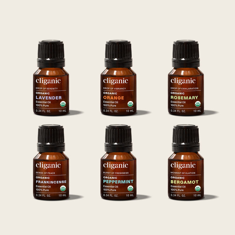 Cliganic Core Collection essential oil set featuring six pure essential oils for aromatherapy and home use.