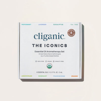 cliganic The Iconics essential oil aromatherapy set packaging on a light beige background