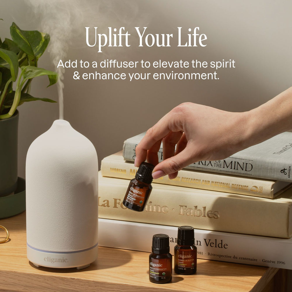 Ceramic diffuser releasing mist next to a stack of books and a potted plant, with a hand picking up a Cliganic essential oil bottle