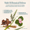 Botanical ingredient illustration featuring chamomile, rosemary, lemongrass, and geranium flowers used in the mosquito repellent stick.