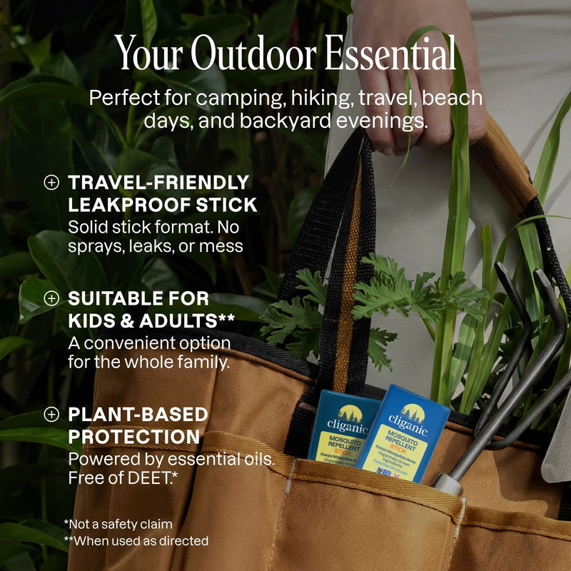 Mosquito repellent stick displayed among outdoor gear and plants with text describing plant-based protection for outdoor activities.