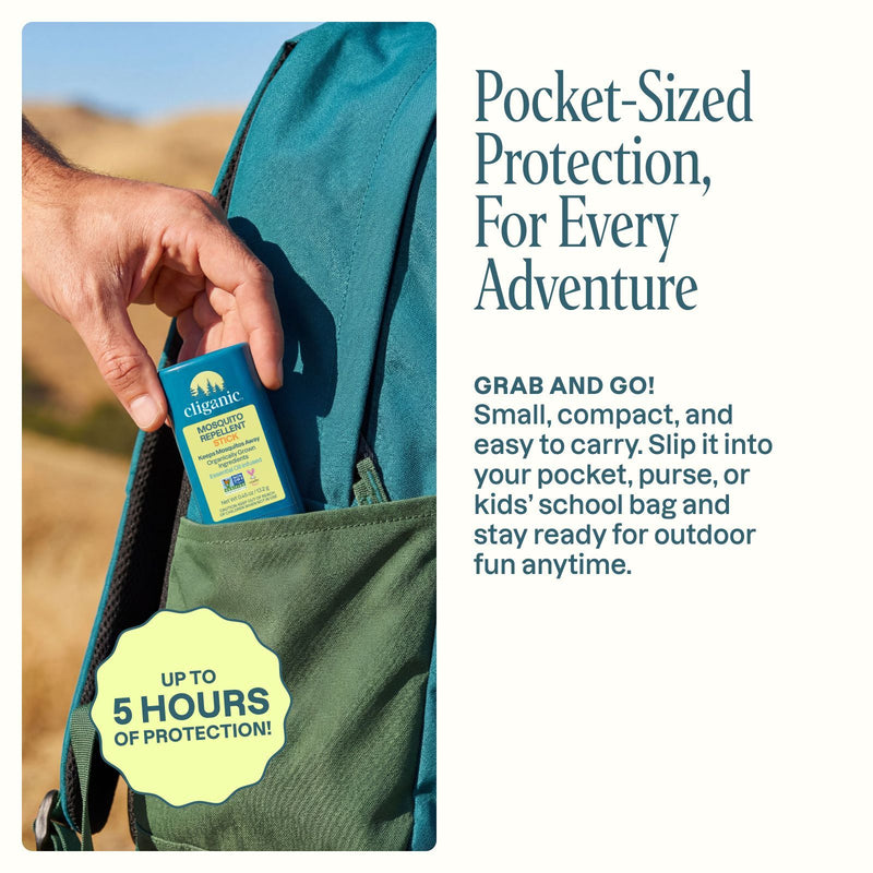 Person holding a pocket-sized mosquito repellent stick outdoors with text highlighting convenient, portable protection for travel and adventure.