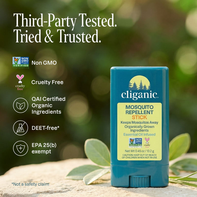 Mosquito repellent stick packaging displayed outdoors with badges indicating third-party testing and proven effectiveness against mosquitoes.