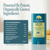 Mosquito repellent stick alongside a list of plant-based ingredients, highlighting naturally derived and patented active components.