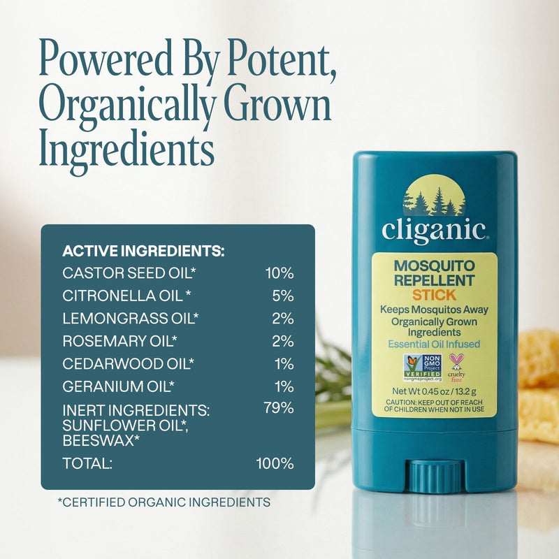 Mosquito repellent stick alongside a list of plant-based ingredients, highlighting naturally derived and patented active components.