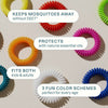 Colorful mosquito repellent bracelets close up showing adjustable sizes and bright designs