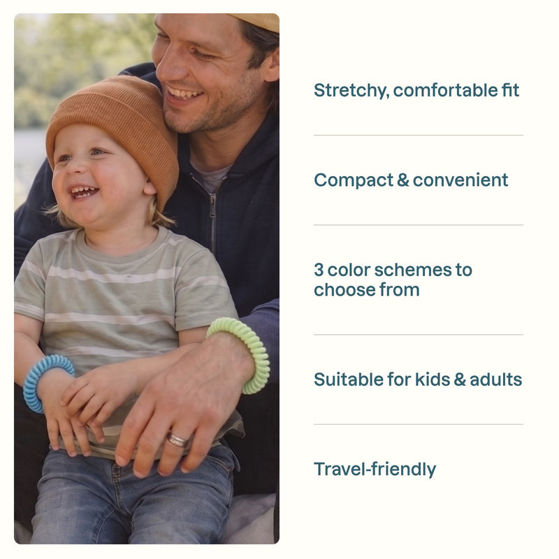 Child wearing mosquito repellent bracelet safe insect protection for kids.