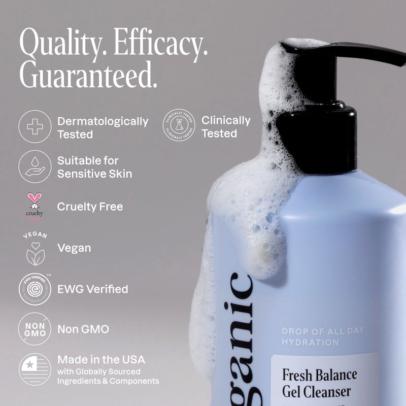 Organic Fresh Balance Gel Cleanser in a foaming pump bottle featuring dermatologist tested, clinically tested, sensitive skin safe, vegan, cruelty-free, EWG verified, non-GMO, and made in the USA claims.
