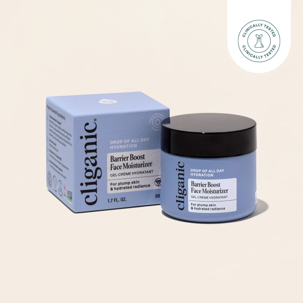 Hydrating face moisturizer cream in blue jar with matching box packaging on beige background