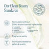 Quality and efficacy standards of Omega Glow Face Serum with icons and certifications.