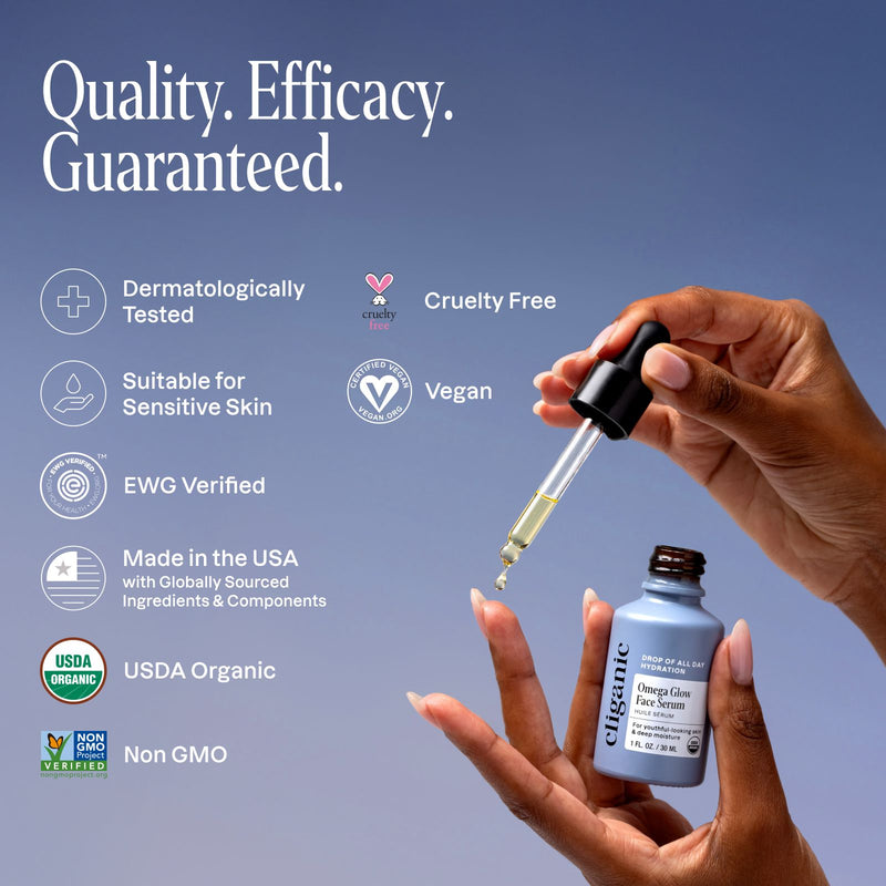 Hand holding a dropper above OmegaGlow Face Serum promotional graphic with ingredient highlights.