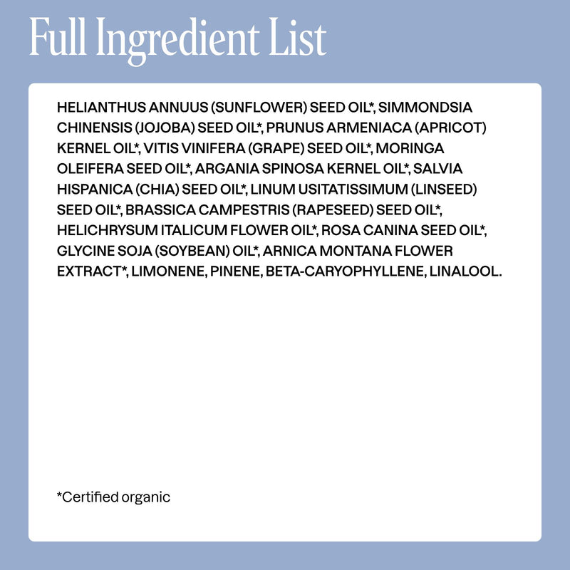 Full ingredient list for Omega Glow Face Serum displayed on a clean background.