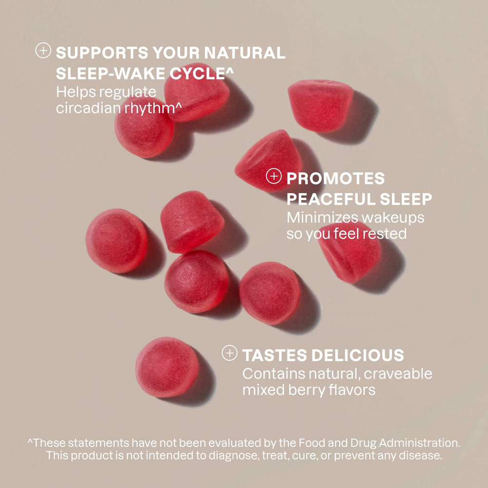 Red gummy bears on a beige background with text about sleep support and natural flavors.