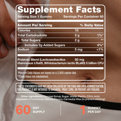 Supplement facts label on a gummy container with a blurred background