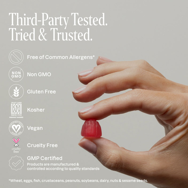 Hand holding a red gummy bear with certification icons and text on a gray background