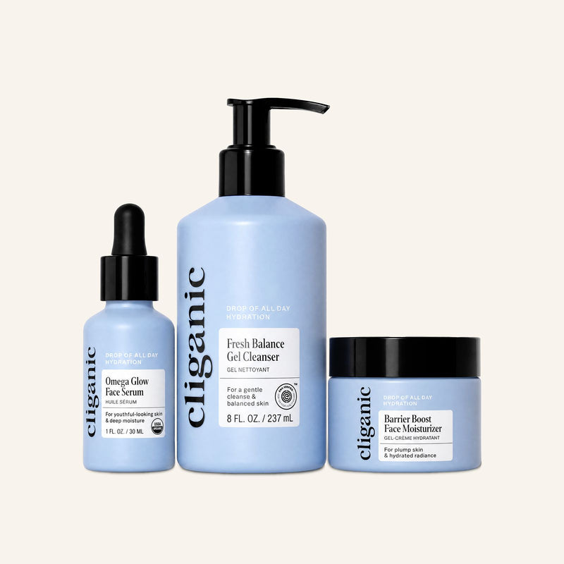 3-step face routine skincare set featuring cleanser, moisturizer, and daily facial care products