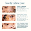 3-step face routine showing skincare products for cleansing, moisturizing, and glowing skin
