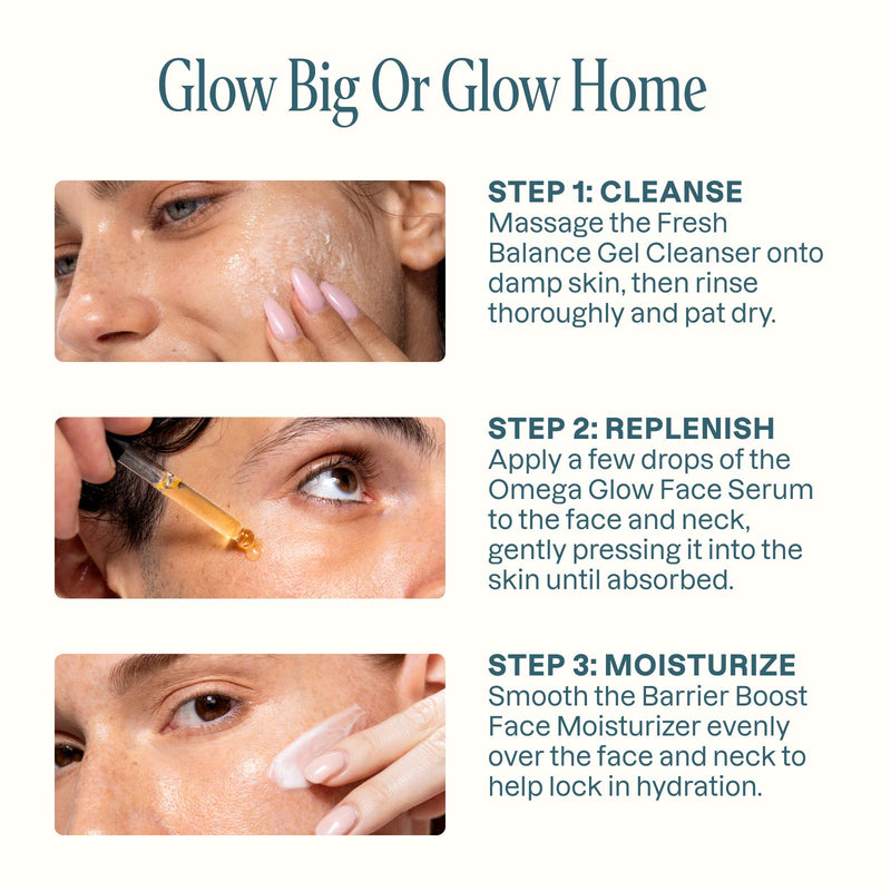 3-step face routine showing skincare products for cleansing, moisturizing, and glowing skin
